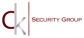 A red and black security logo on top of a black background.